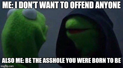 kermit me to me | ME: I DON'T WANT TO OFFEND ANYONE; ALSO ME: BE THE ASSHOLE YOU WERE BORN TO BE | image tagged in kermit me to me | made w/ Imgflip meme maker