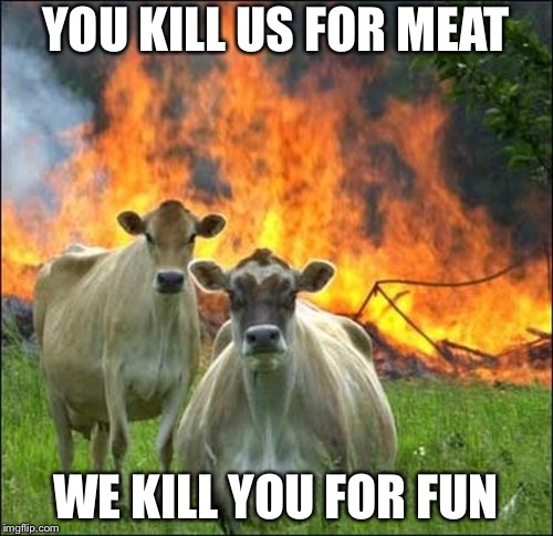 Evil Cows | YOU KILL US FOR MEAT; WE KILL YOU FOR FUN | image tagged in memes,evil cows | made w/ Imgflip meme maker