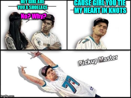 Pickup Master | HEY GIRL ARE YOU A SHOELACE; CAUSE GIRL YOU TIE MY HEART IN KNOTS; No? Why? | image tagged in memes,pickup master | made w/ Imgflip meme maker