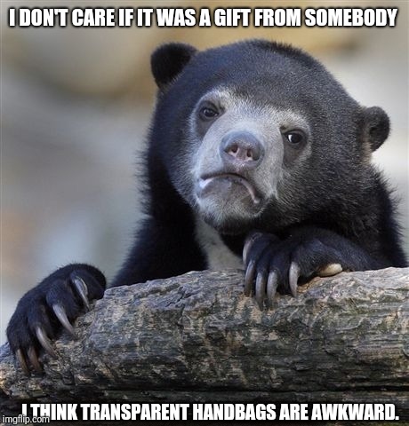 Confession Bear | I DON'T CARE IF IT WAS A GIFT FROM SOMEBODY; I THINK TRANSPARENT HANDBAGS ARE AWKWARD. | image tagged in memes,confession bear | made w/ Imgflip meme maker