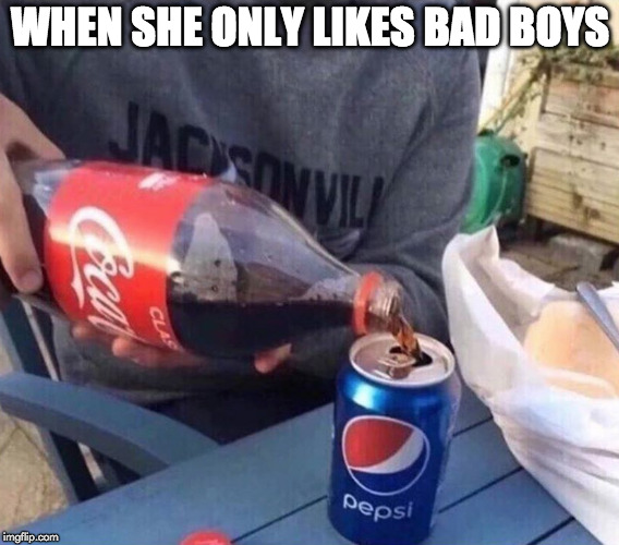 Behave! | WHEN SHE ONLY LIKES BAD BOYS | image tagged in bad boys,friendzone,coke,pepsi | made w/ Imgflip meme maker