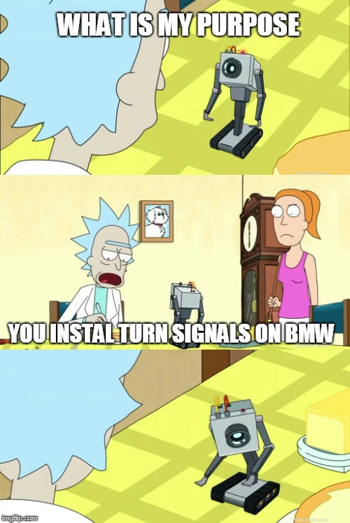 Rick & Morty What is my purpose?  You pass butter | WHAT IS MY PURPOSE; YOU INSTAL TURN SIGNALS ON BMW | image tagged in rick  morty what is my purpose  you pass butter | made w/ Imgflip meme maker