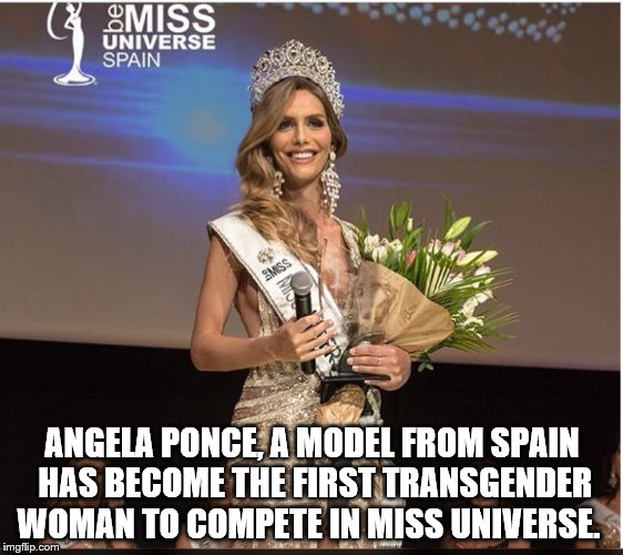 ANGELA PONCE, A MODEL FROM SPAIN HAS BECOME THE FIRST TRANSGENDER WOMAN TO COMPETE IN MISS UNIVERSE. | made w/ Imgflip meme maker