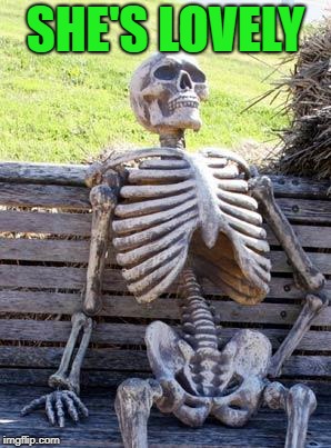 Waiting Skeleton Meme | SHE'S LOVELY | image tagged in memes,waiting skeleton | made w/ Imgflip meme maker