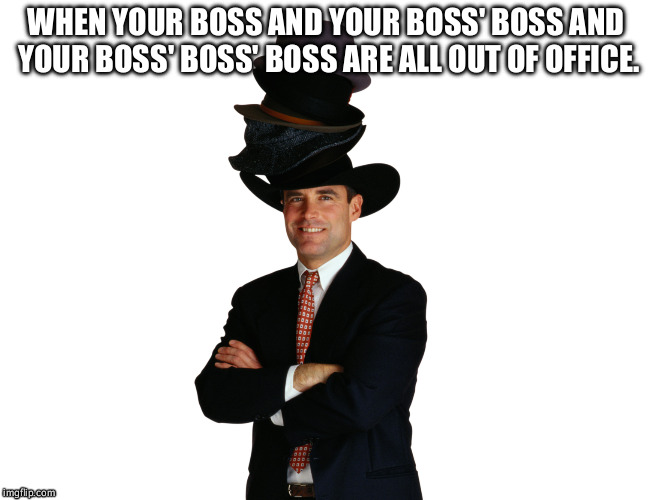 Working for the government | WHEN YOUR BOSS AND YOUR BOSS' BOSS AND YOUR BOSS' BOSS' BOSS ARE ALL OUT OF OFFICE. | image tagged in government | made w/ Imgflip meme maker