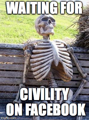 Waiting Skeleton | WAITING FOR; CIVILITY ON FACEBOOK | image tagged in memes,waiting skeleton | made w/ Imgflip meme maker