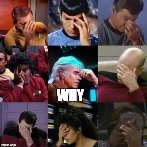 star trek face palm | WHY | image tagged in star trek face palm | made w/ Imgflip meme maker