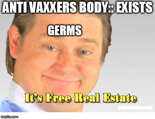anti-vaxxers dieing in a nutshell | ANTI VAXXERS BODY:: EXISTS; GERMS | image tagged in it's free real estate,germs | made w/ Imgflip meme maker