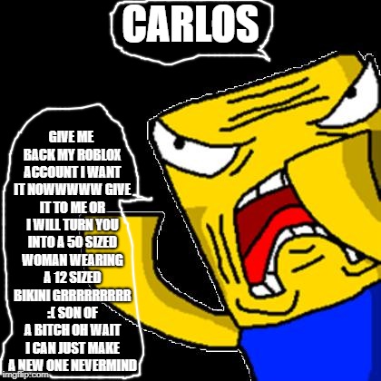 ANGRY ROBLOX NOOB | GIVE ME BACK MY ROBLOX ACCOUNT I WANT IT NOWWWWW GIVE IT TO ME OR I WILL TURN YOU INTO A 50 SIZED WOMAN WEARING A 12 SIZED BIKINI GRRRRRRRRR :( SON OF A BITCH OH WAIT I CAN JUST MAKE A NEW ONE NEVERMIND; CARLOS | image tagged in roblox noob | made w/ Imgflip meme maker