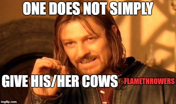 One Does Not Simply Meme | ONE DOES NOT SIMPLY GIVE HIS/HER COWS FLAMETHROWERS | image tagged in memes,one does not simply | made w/ Imgflip meme maker