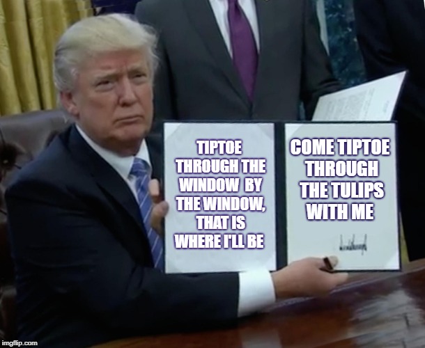 Trump Bill Signing | TIPTOE THROUGH THE WINDOW  BY THE WINDOW, THAT IS WHERE I'LL BE; COME TIPTOE THROUGH THE TULIPS WITH ME | image tagged in memes,trump bill signing | made w/ Imgflip meme maker