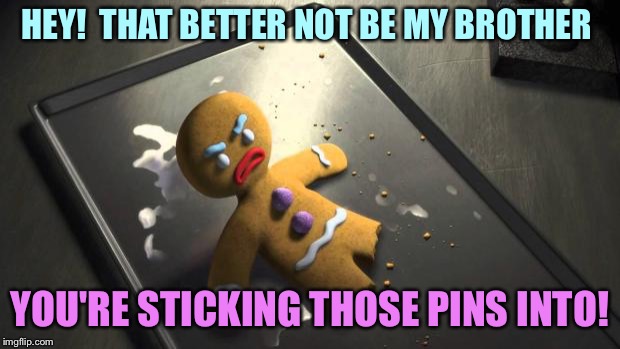 Angry Gingerbread Man | HEY!  THAT BETTER NOT BE MY BROTHER YOU'RE STICKING THOSE PINS INTO! | image tagged in angry gingerbread man | made w/ Imgflip meme maker