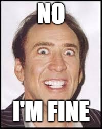 Crazy Nick Cage | NO I'M FINE | image tagged in crazy nick cage | made w/ Imgflip meme maker