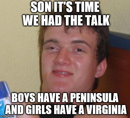 10 Guy Meme | SON IT'S TIME WE HAD THE TALK; BOYS HAVE A PENINSULA AND GIRLS HAVE A VIRGINIA | image tagged in memes,10 guy | made w/ Imgflip meme maker