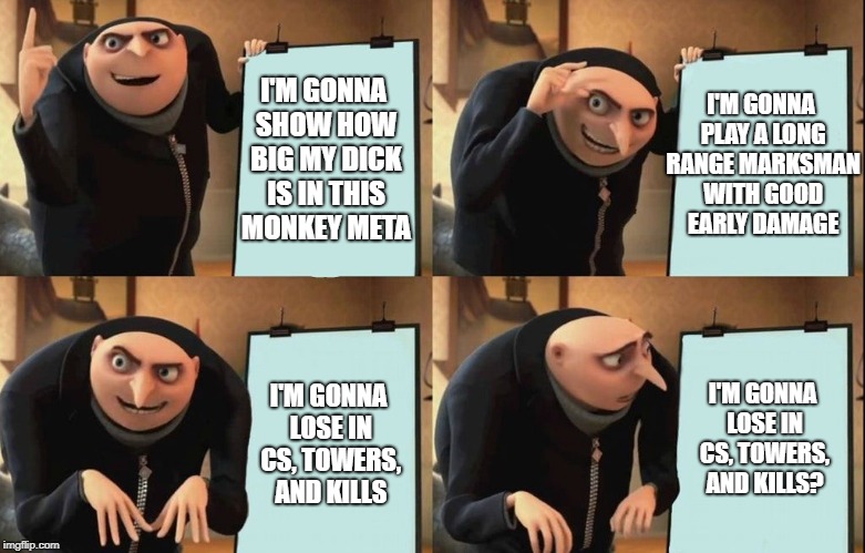 Gru's Plan Meme | I'M GONNA PLAY A LONG RANGE MARKSMAN WITH GOOD EARLY DAMAGE; I'M GONNA SHOW HOW BIG MY DICK IS IN THIS MONKEY META; I'M GONNA LOSE IN CS, TOWERS, AND KILLS; I'M GONNA LOSE IN CS, TOWERS, AND KILLS? | image tagged in despicable me diabolical plan gru template | made w/ Imgflip meme maker