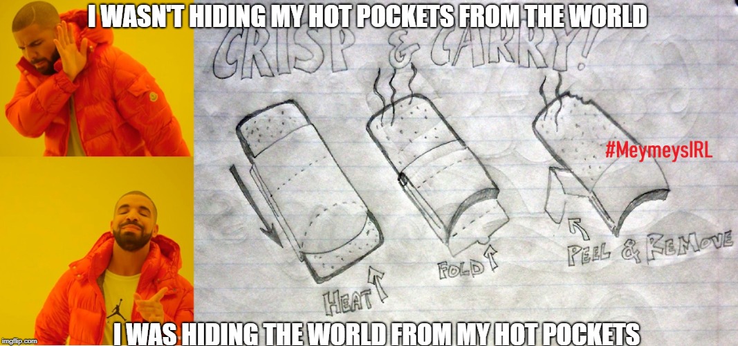 I only have Emotions for Hot Pockets | I WASN'T HIDING MY HOT POCKETS FROM THE WORLD; I WAS HIDING THE WORLD FROM MY HOT POCKETS | image tagged in drake,drake meme,hot pockets,emotions,emotional,scorpion | made w/ Imgflip meme maker