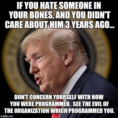 Got hatred? | IF YOU HATE SOMEONE IN YOUR BONES, AND YOU DIDN'T CARE ABOUT HIM 3 YEARS AGO... DON'T CONCERN YOURSELF WITH HOW YOU WERE PROGRAMMED.  SEE THE EVIL OF THE ORGANIZATION WHICH PROGRAMMED YOU. | image tagged in memes,programming,hatred | made w/ Imgflip meme maker