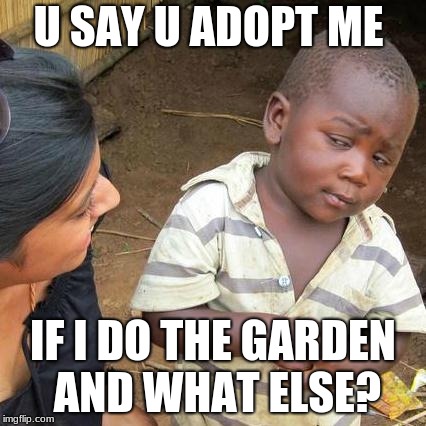 Third World Skeptical Kid Meme | U SAY U ADOPT ME; IF I DO THE GARDEN AND WHAT ELSE? | image tagged in memes,third world skeptical kid | made w/ Imgflip meme maker