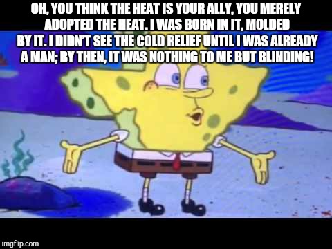 Spongebob texas | OH, YOU THINK THE HEAT IS YOUR ALLY, YOU MERELY ADOPTED THE HEAT. I WAS BORN IN IT, MOLDED BY IT. I DIDN’T SEE THE COLD RELIEF UNTIL I WAS ALREADY A MAN; BY THEN, IT WAS NOTHING TO ME BUT BLINDING! | image tagged in spongebob | made w/ Imgflip meme maker