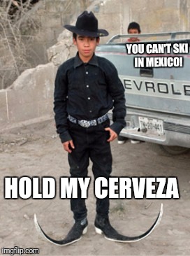 Hold my Cerveza | YOU CAN'T SKI IN MEXICO! HOLD MY CERVEZA | image tagged in memes,funny,hold my beer,hold my cerveza,mexico,ski | made w/ Imgflip meme maker