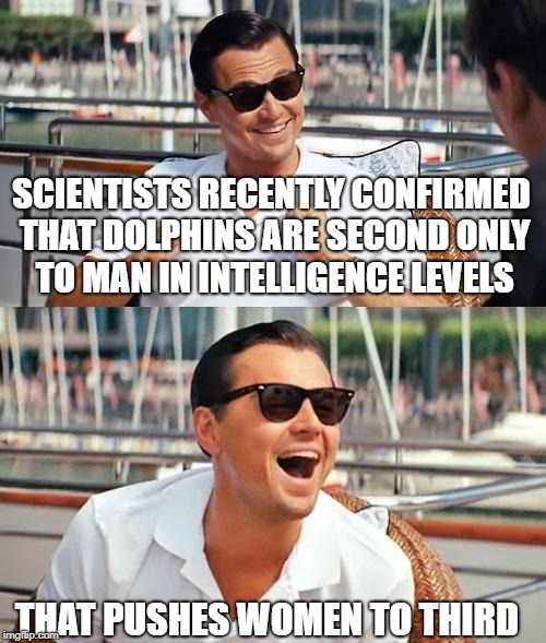 Leonardo Dicaprio Wolf Of Wall Street | SCIENTISTS RECENTLY CONFIRMED THAT DOLPHINS ARE SECOND ONLY TO MAN IN INTELLIGENCE LEVELS; THAT PUSHES WOMEN TO THIRD | image tagged in memes,leonardo dicaprio wolf of wall street | made w/ Imgflip meme maker