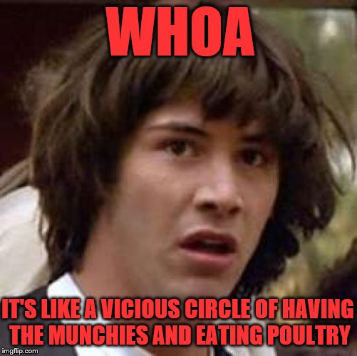 Conspiracy Keanu Meme | WHOA IT'S LIKE A VICIOUS CIRCLE OF HAVING THE MUNCHIES AND EATING POULTRY | image tagged in memes,conspiracy keanu | made w/ Imgflip meme maker