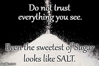Sugar or Salt? | Do not trust; everything you see. Even the sweetest of Sugar; looks like SALT. | image tagged in sugar lookalike,salt lookalike,trusting what you see | made w/ Imgflip meme maker