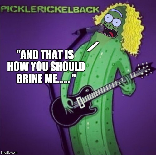 PickleRickelback | "AND THAT IS HOW YOU SHOULD BRINE ME...... "; / | image tagged in pickle rick,nickelback,funny | made w/ Imgflip meme maker
