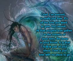 Grief is just Love with no place to go | Grief, I’ve learned, 
is really just love.
It’s all the love you want to give,
but cannot.  All that unspent love gather; in the corners of your eyes,
the lump in your throat,
& in that hollow part of your chest.
Grief is just love with no place to go. | image tagged in grief unspent love nowhere hollow | made w/ Imgflip meme maker