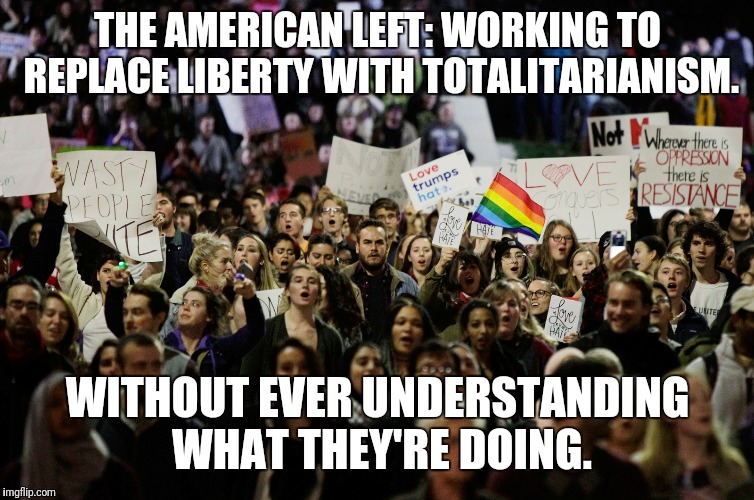 The new useful idiots... | THE AMERICAN LEFT: WORKING TO REPLACE LIBERTY WITH TOTALITARIANISM. WITHOUT EVER UNDERSTANDING WHAT THEY'RE DOING. | image tagged in memes,totalitarianism,american left | made w/ Imgflip meme maker