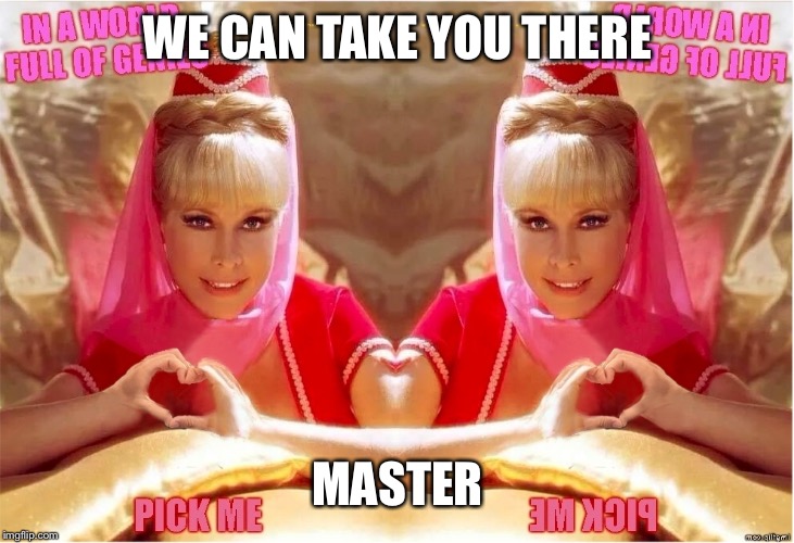 Take Us | WE CAN TAKE YOU THERE; MASTER | image tagged in jeannie twins of genie | made w/ Imgflip meme maker