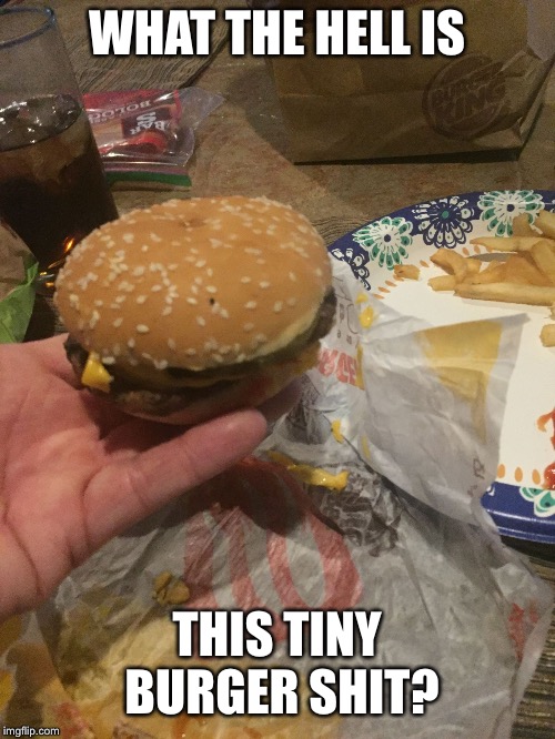 Snatch the burger from my hand... | WHAT THE HELL IS; THIS TINY BURGER SHIT? | image tagged in liitle burger king shit,wexbone a weldin gargoyle,red rovva red rovva send gargolla,its huge dudes k | made w/ Imgflip meme maker