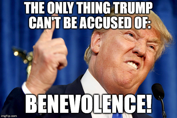 Donald Trump | THE ONLY THING TRUMP CAN'T BE ACCUSED OF:; BENEVOLENCE! | image tagged in donald trump | made w/ Imgflip meme maker