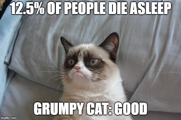 Grumpy Cat Bed Meme | 12.5% OF PEOPLE DIE ASLEEP; GRUMPY CAT: GOOD | image tagged in memes,grumpy cat bed,grumpy cat | made w/ Imgflip meme maker