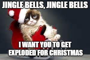 Grumpy Cat Christmas | JINGLE BELLS, JINGLE BELLS; I WANT YOU TO GET EXPLODED FOR CHRISTMAS | image tagged in grumpy cat christmas | made w/ Imgflip meme maker