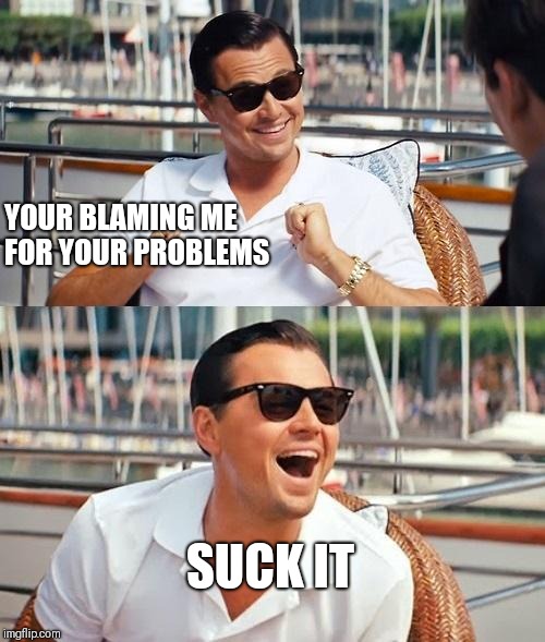 Haha | YOUR BLAMING ME FOR YOUR PROBLEMS; SUCK IT | image tagged in memes,leonardo dicaprio wolf of wall street | made w/ Imgflip meme maker