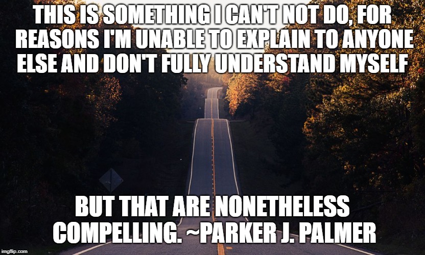 About Vocation, From "Let Your Life Speak" by Parker J. Palmer | THIS IS SOMETHING I CAN'T NOT DO, FOR REASONS I'M UNABLE TO EXPLAIN TO ANYONE ELSE AND DON'T FULLY UNDERSTAND MYSELF; BUT THAT ARE NONETHELESS COMPELLING. ~PARKER J. PALMER | image tagged in parker j palmer,parker palmer,let your life speak | made w/ Imgflip meme maker