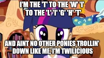More where this came from | I'M THE 'T' TO THE 'W' 'I'  TO THE 'L' 'I' 'G' 'H' 'T'; AND AINT NO OTHER PONIES TROLLIN' DOWN LIKE ME, I'M TWILICIOUS | made w/ Imgflip meme maker