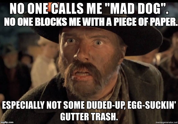 mad dog tannen | NO ONE BLOCKS ME WITH A PIECE OF PAPER. | image tagged in mad dog tannen | made w/ Imgflip meme maker