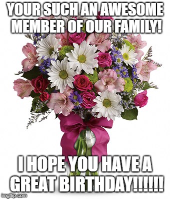 YOUR SUCH AN AWESOME MEMBER OF OUR FAMILY! I HOPE YOU HAVE A GREAT BIRTHDAY!!!!!! | image tagged in happy birthday | made w/ Imgflip meme maker