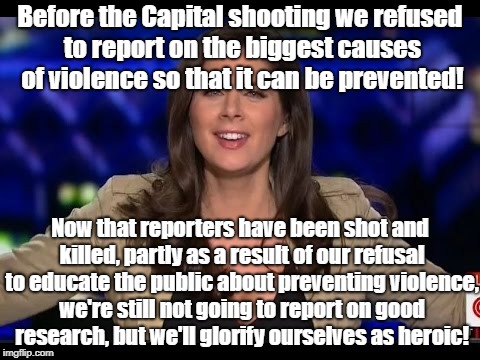 CNN Erin Burnett | Before the Capital shooting we refused to report on the biggest causes of violence so that it can be prevented! Now that reporters have been shot and killed, partly as a result of our refusal to educate the public about preventing violence, we're still not going to report on good research, but we'll glorify ourselves as heroic! | image tagged in cnn erin burnett | made w/ Imgflip meme maker