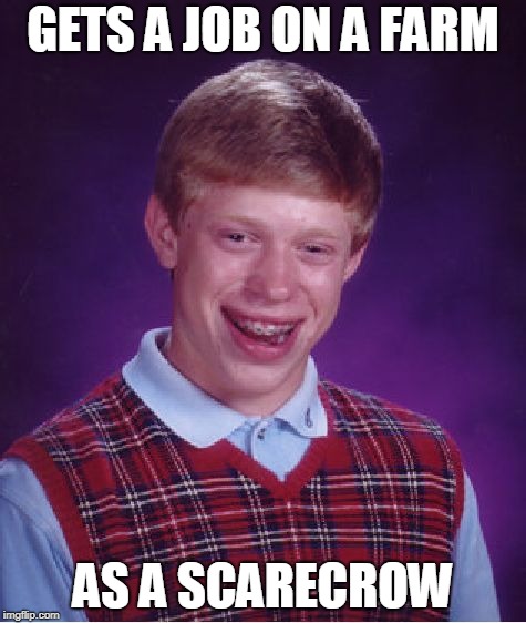 Bad Luck Brian farm | GETS A JOB ON A FARM; AS A SCARECROW | image tagged in memes,bad luck brian,job,farm | made w/ Imgflip meme maker