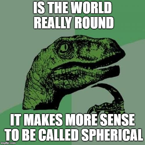 The world isn't round, it's spherical | IS THE WORLD REALLY ROUND; IT MAKES MORE SENSE TO BE CALLED SPHERICAL | image tagged in memes,philosoraptor,the world | made w/ Imgflip meme maker