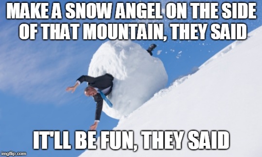 MAKE A SNOW ANGEL ON THE SIDE OF THAT MOUNTAIN, THEY SAID; IT'LL BE FUN, THEY SAID | made w/ Imgflip meme maker