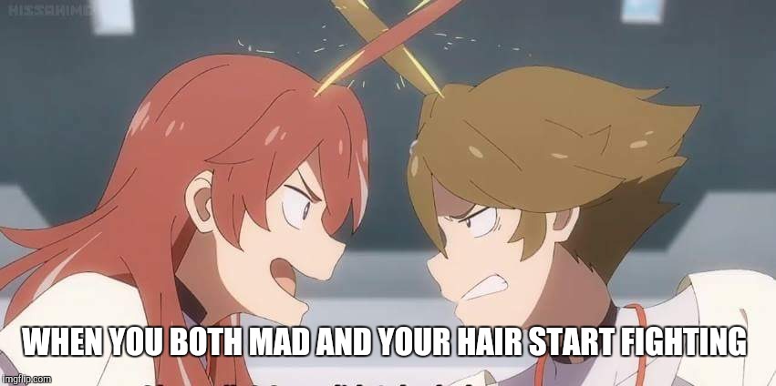 Darling in the Franxx | WHEN YOU BOTH MAD AND YOUR HAIR START FIGHTING | image tagged in darling in the franxx | made w/ Imgflip meme maker