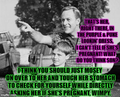 Look Son Meme | THAT'S HER, RIGHT THERE, IN THE PURPLE & PUKE LOOKIN' DRESS, I CAN'T TELL IF SHE'S PREGNANT! WHAT DO YOU THINK SON? I THINK YOU SHOULD JUST MOSEY ON OVER TO HER AND TOUCH HER STOMACH TO CHECK FOR YOURSELF WHILE DIRECTLY ASKING HER IF SHE'S PREGNANT, WIMPY. | image tagged in memes,look son | made w/ Imgflip meme maker