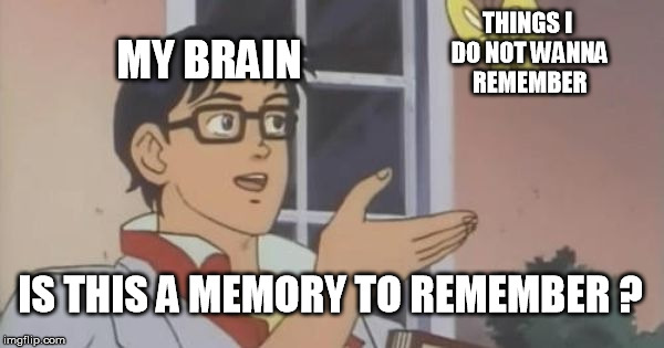 memories in a nutshell
 | THINGS I DO NOT WANNA REMEMBER; MY BRAIN; IS THIS A MEMORY TO REMEMBER ? | image tagged in is this a pigeon | made w/ Imgflip meme maker
