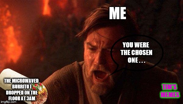 You Were The Chosen One (Star Wars) Meme | ME; YOU WERE THE CHOSEN ONE . . . THE MICROWAVED BURRITO I DROPPED ON THE FLOOR AT 3AM; TIM'S MEMES | image tagged in memes,you were the chosen one star wars | made w/ Imgflip meme maker