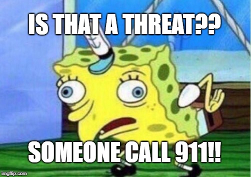 Mocking Spongebob Meme | IS THAT A THREAT?? SOMEONE CALL 911!! | image tagged in memes,mocking spongebob | made w/ Imgflip meme maker