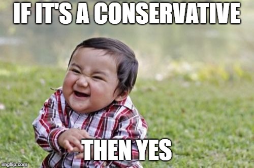 Evil Toddler Meme | IF IT'S A CONSERVATIVE THEN YES | image tagged in memes,evil toddler | made w/ Imgflip meme maker